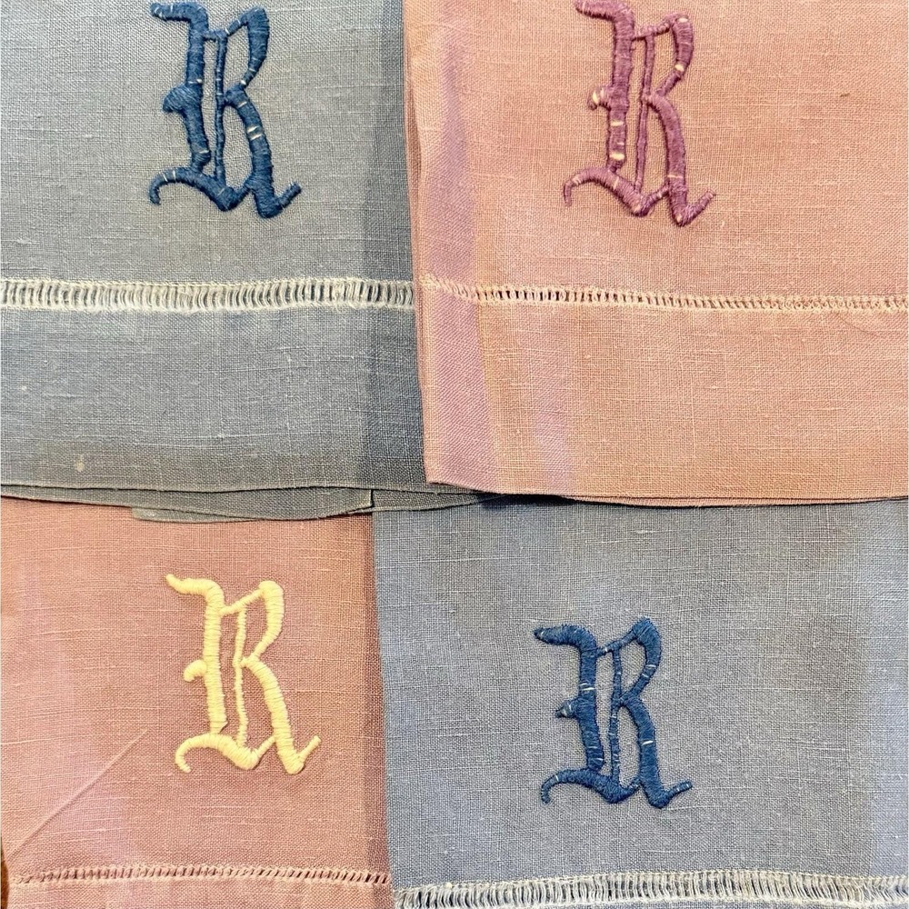 4pc VTG Hand Embroidered Purple & Blue Linen Napkins *R* Initial 13x18"